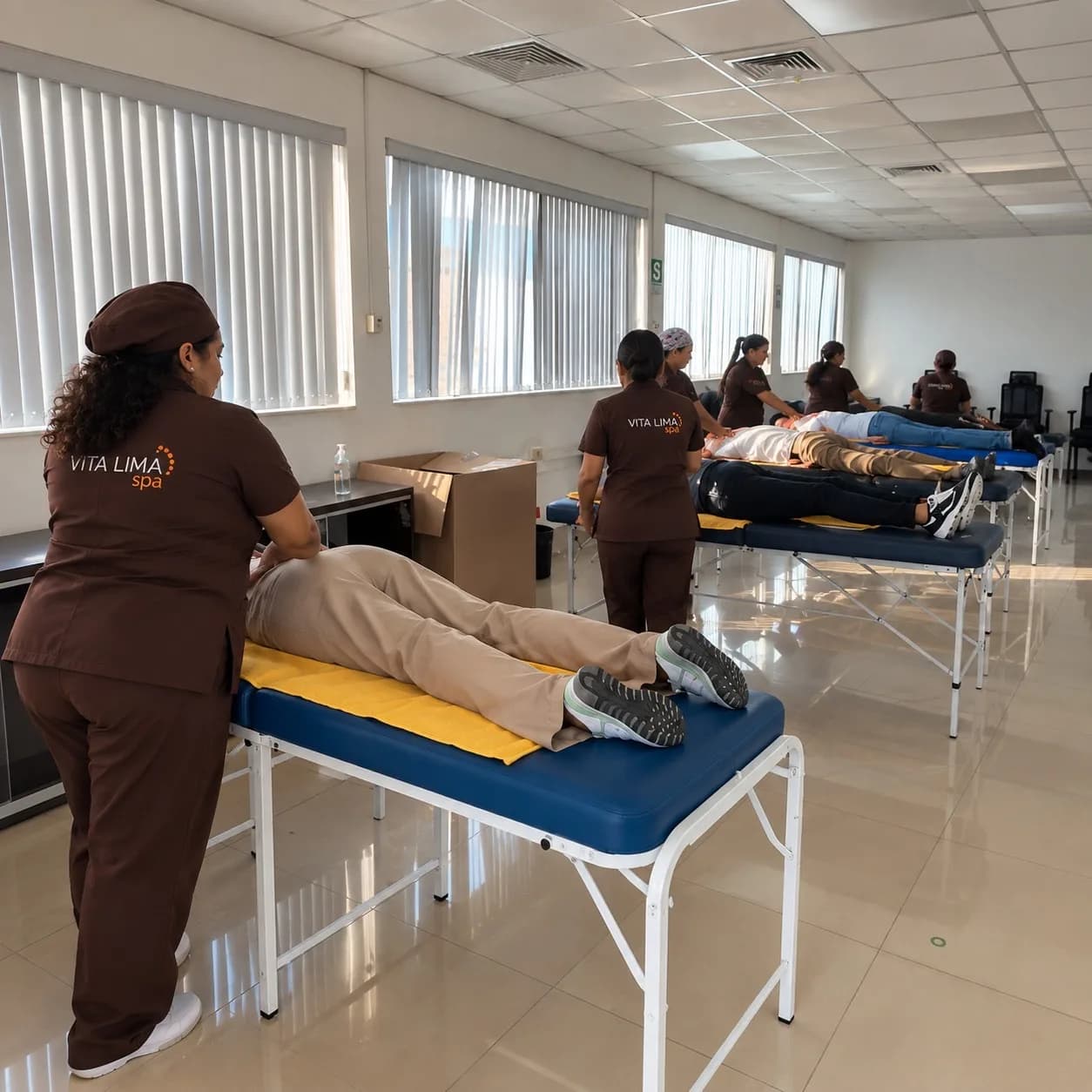 Jornada corporativa con terapeutas y camillas